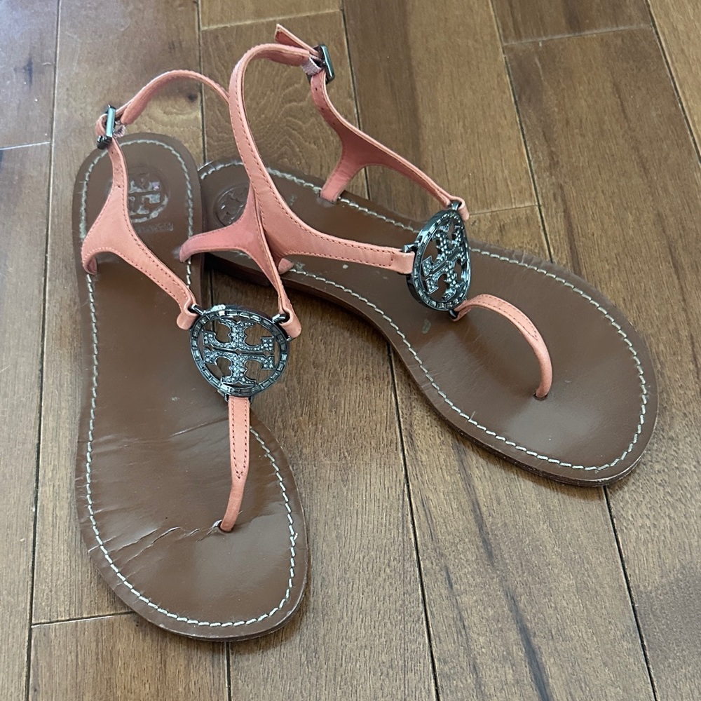 Tory Burch Coral Pink Miller Logo Thong Sandals with ankle Closure - 8.5